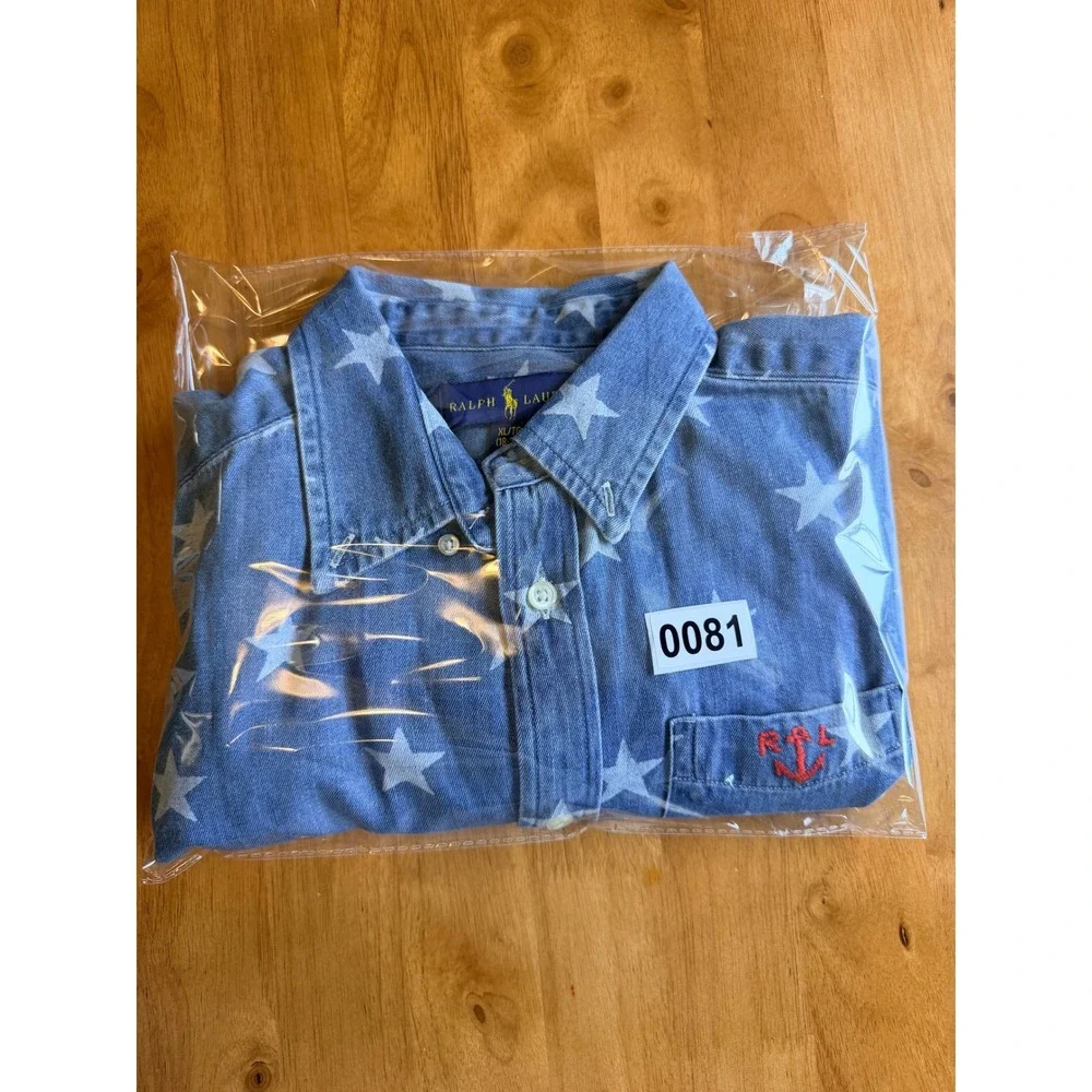 Ralph‎ Lauren Kids XL 18-20 Blue Star Print Denim Anchor Short Sleeve Shirt